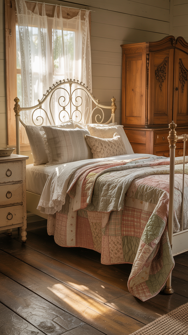 Victorian farmhouse bedroom with white iron bed layered vintage quilts and antique wooden furniture