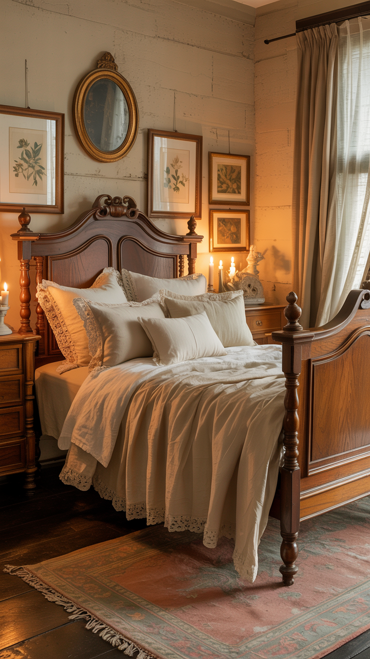 Victorian farmhouse bedroom featuring antique oak furniture cream walls and cozy vintage decor