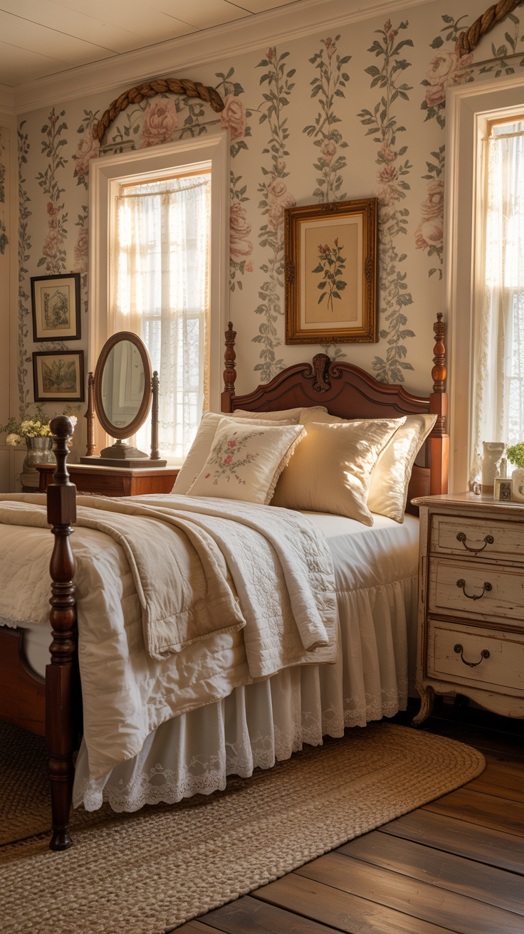 Victorian farmhouse bedroom with delicate floral wallpaper antique furniture and cozy bedding