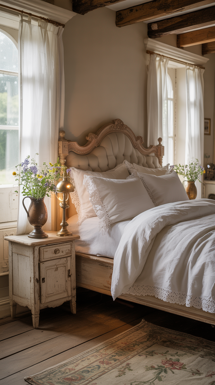 Victorian farmhouse bedroom with weathered wood furniture white linen bedding and rustic elegance