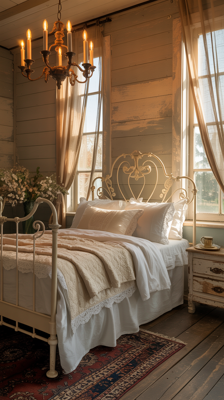 Victorian farmhouse bedroom featuring a vintage chandelier above a white iron bed