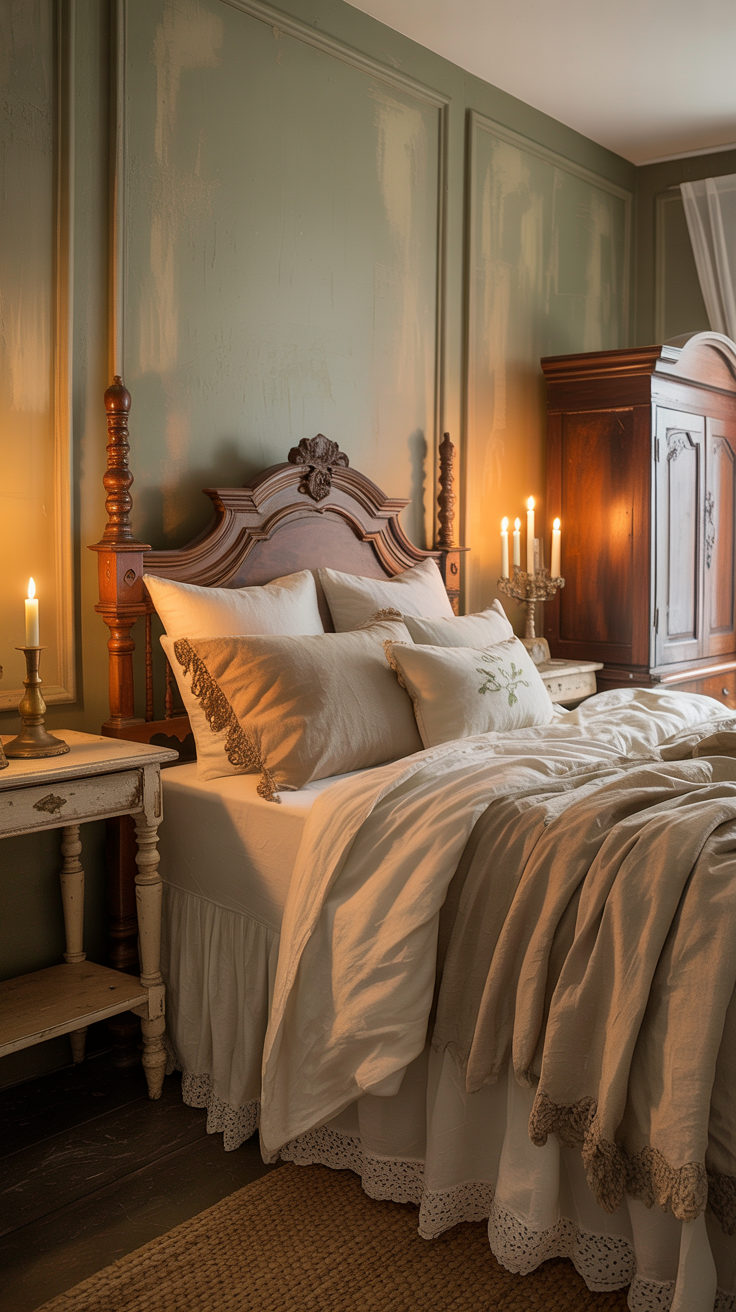 Victorian farmhouse bedroom with sage green walls antique furniture and soft neutral bedding