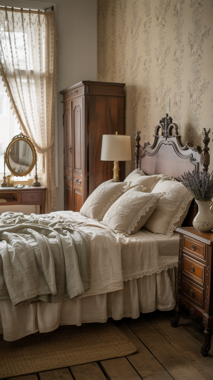 Victorian farmhouse bedroom with vintage lace curtains soft linen bedding and antique wood furniture