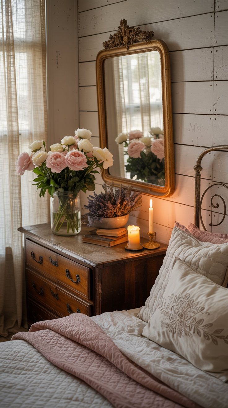 Victorian farmhouse bedroom with antique dresser fresh flowers vintage mirror and cozy decor