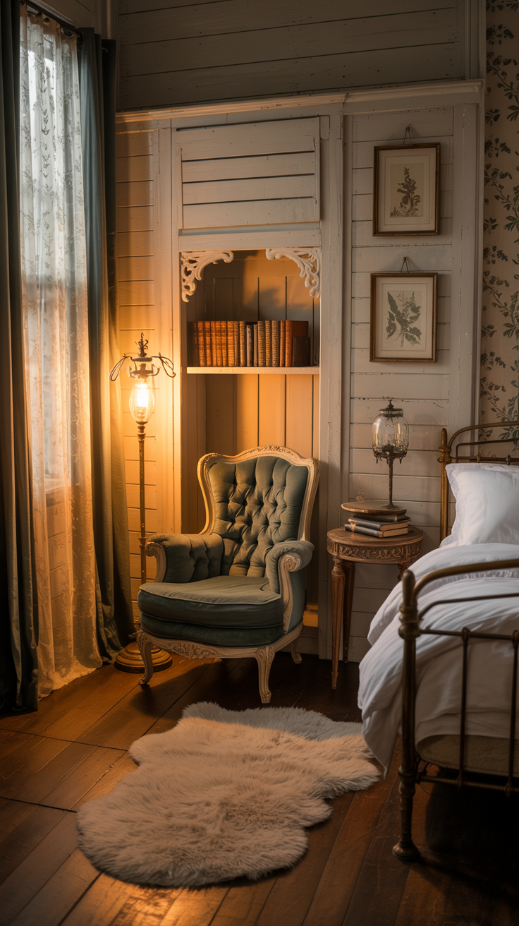 Victorian farmhouse bedroom featuring a cozy reading nook with a vintage armchair and floor lamp