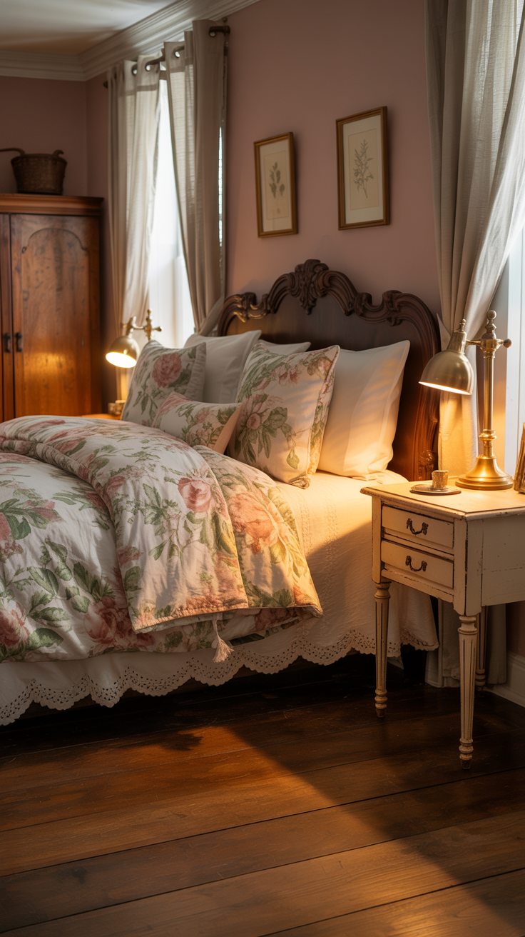 Victorian farmhouse bedroom featuring floral bedding antique brass lamps and vintage wooden furniture