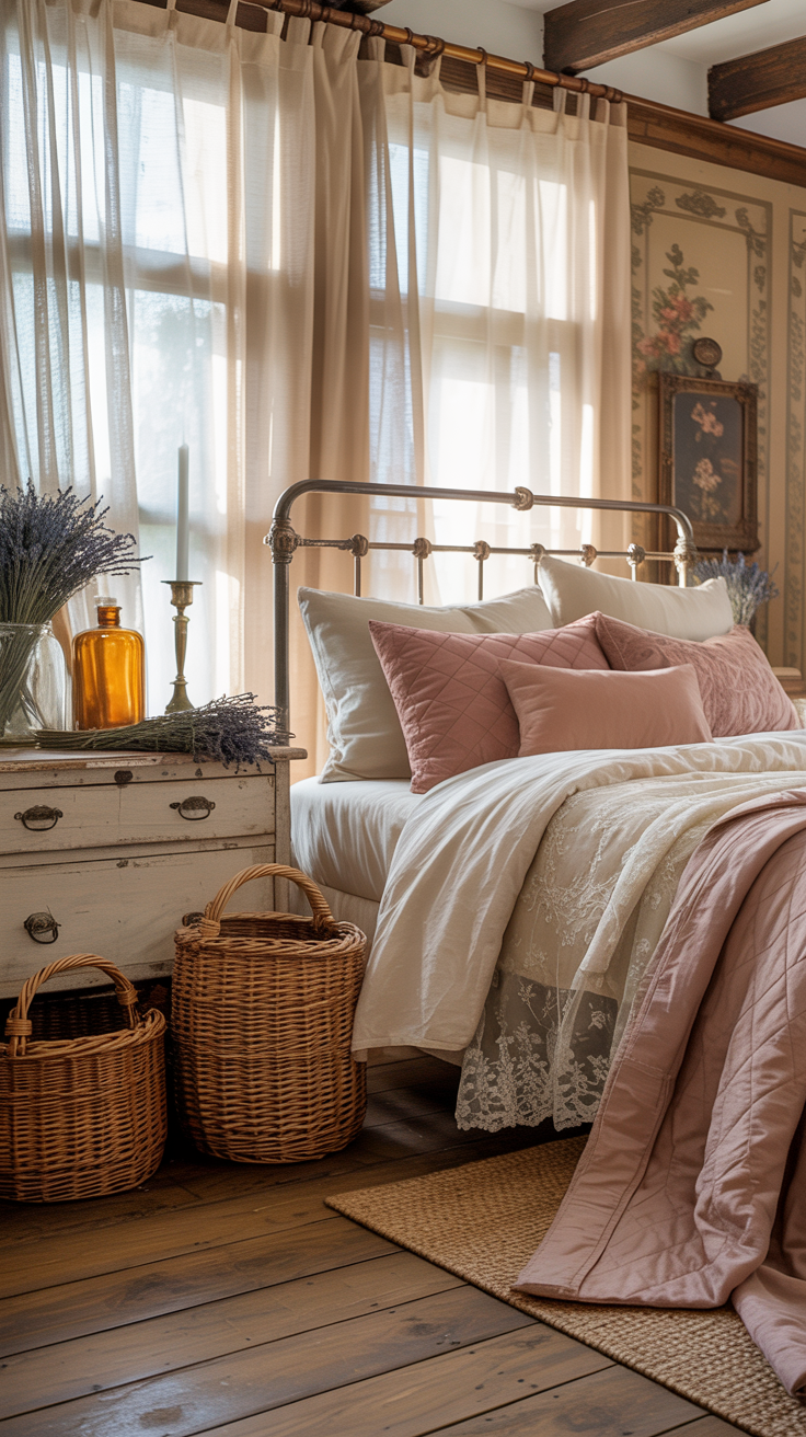 Victorian farmhouse bedroom with woven baskets vintage accessories soft textiles and elegant decor