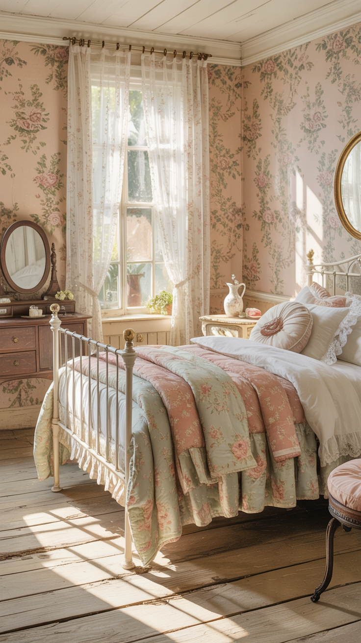 Victorian cottage bedroom with white iron bed floral quilts vintage furniture and soft natural light