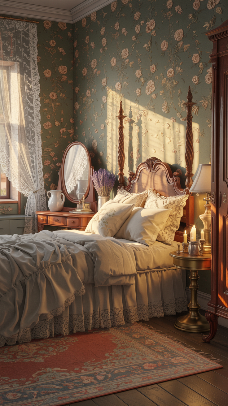 Victorian cottage bedroom with floral wallpaper antique wooden furniture and vintage decor