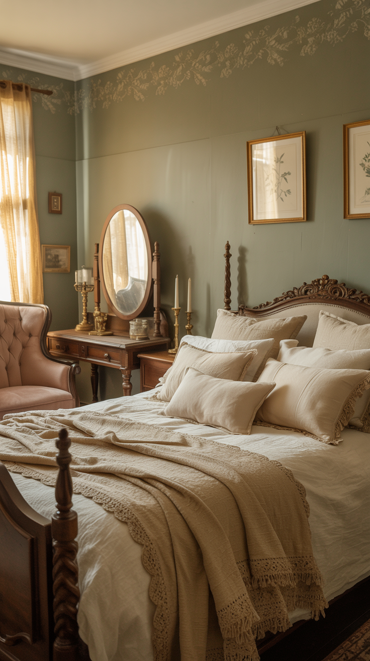 Victorian cottage bedroom with sage green walls antique furniture and layered neutral bedding