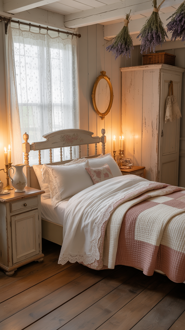 Victorian cottage bedroom featuring weathered wood furniture crisp white bedding and vintage accessories