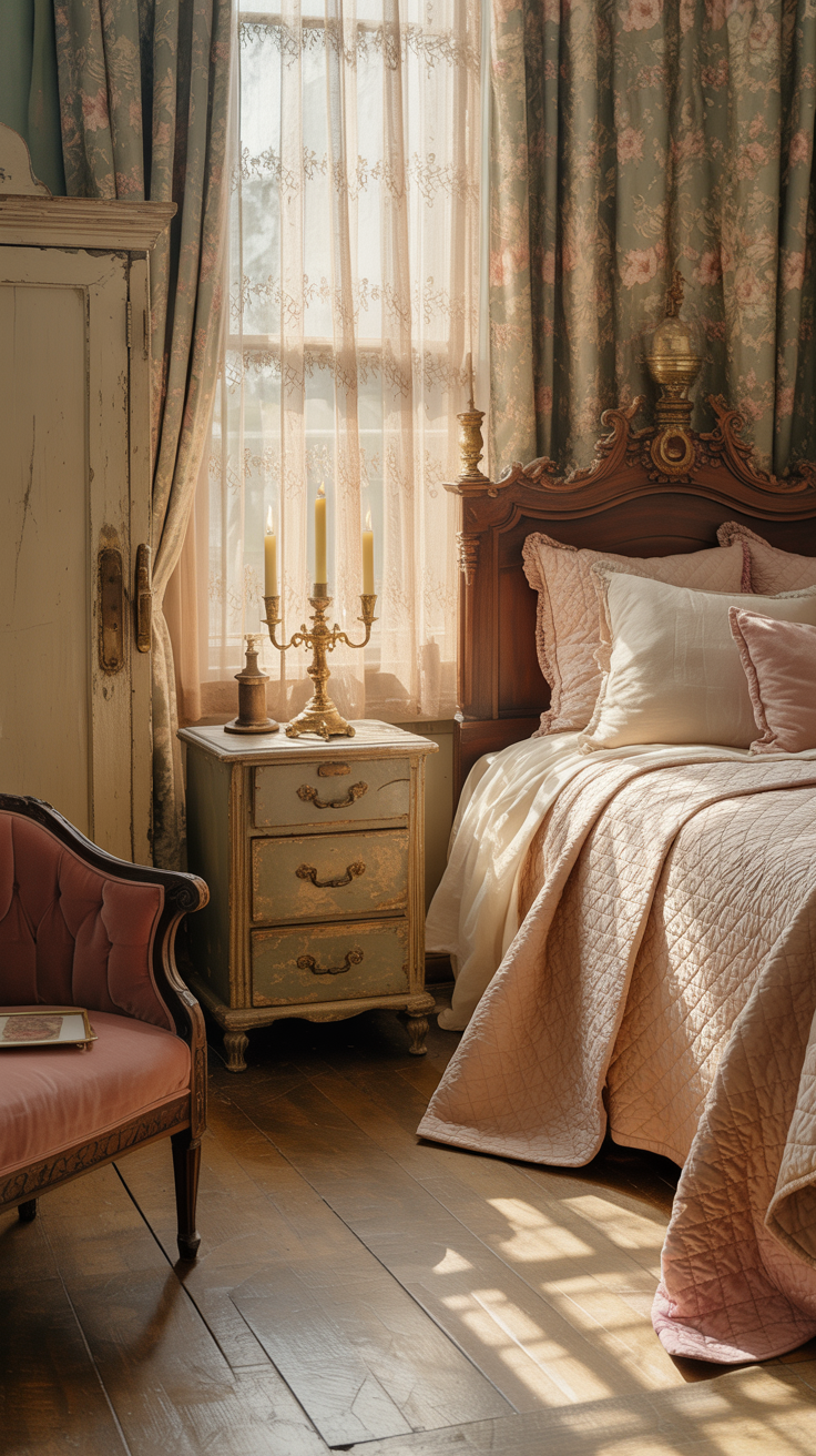 Victorian cottage bedroom with lace curtains vintage brass lighting and antique furnishings