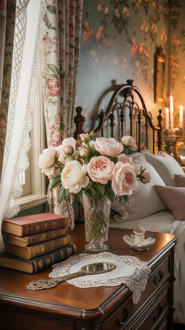 Victorian cottage bedroom featuring an antique dresser styled with fresh flowers and vintage books