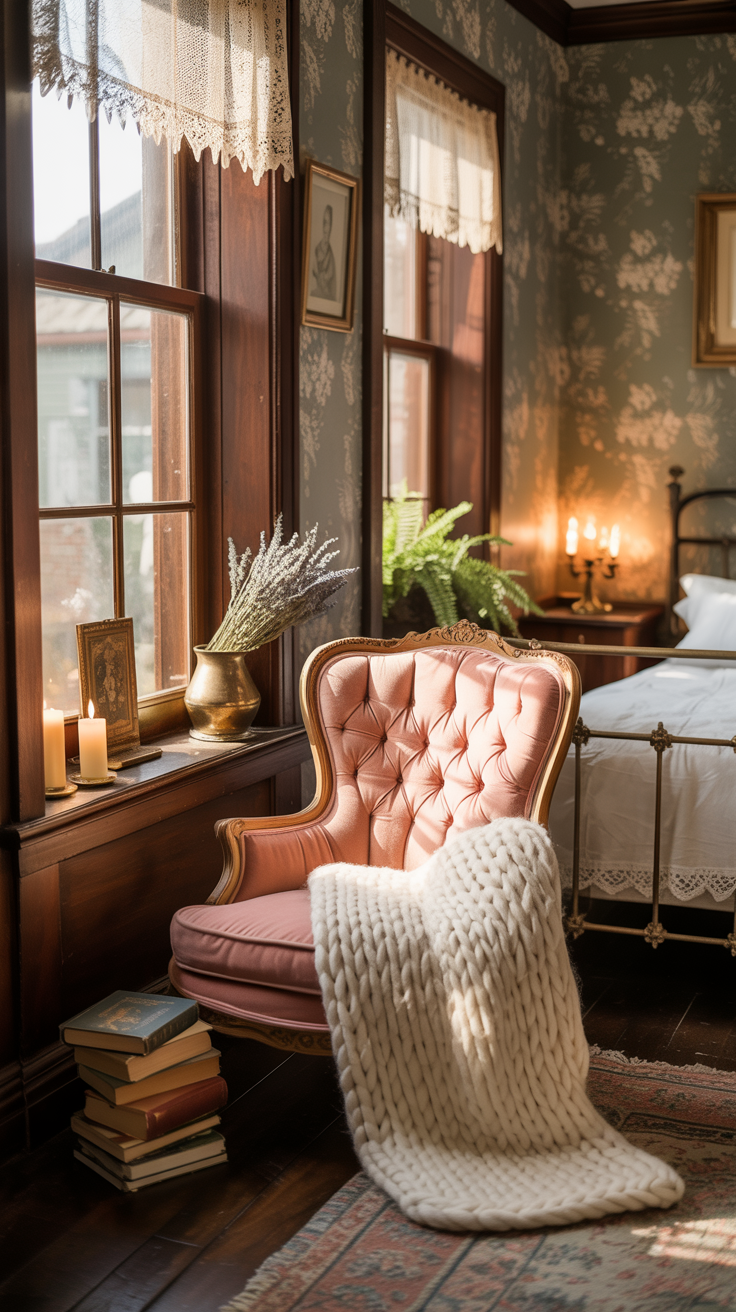 Victorian cottage bedroom with a cozy reading nook by the window featuring a vintage armchair and soft throw