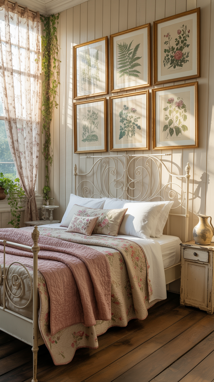 Victorian cottage bedroom with vintage botanical prints above a white iron bed