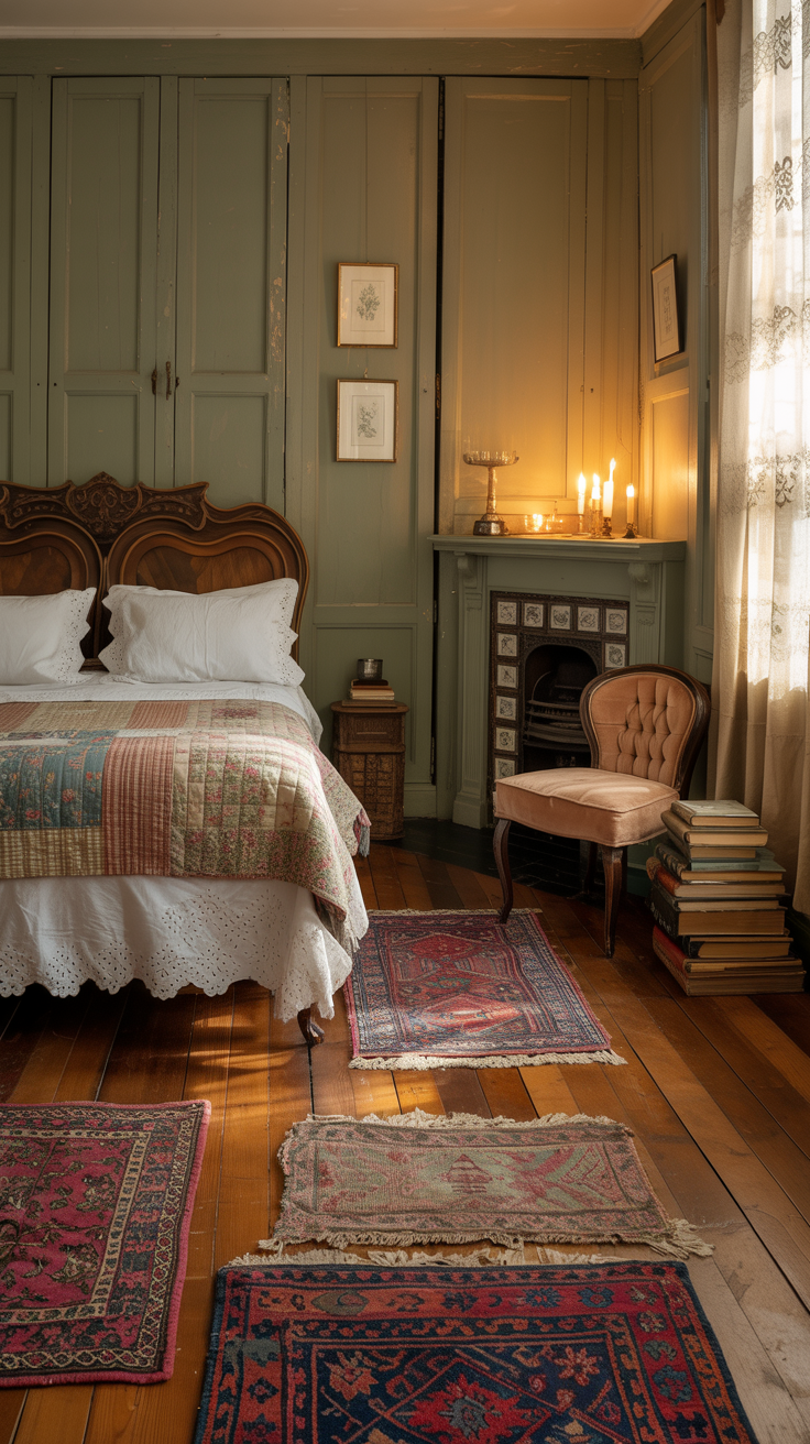 Victorian cottage bedroom with layered vintage rugs over original wooden floorboards