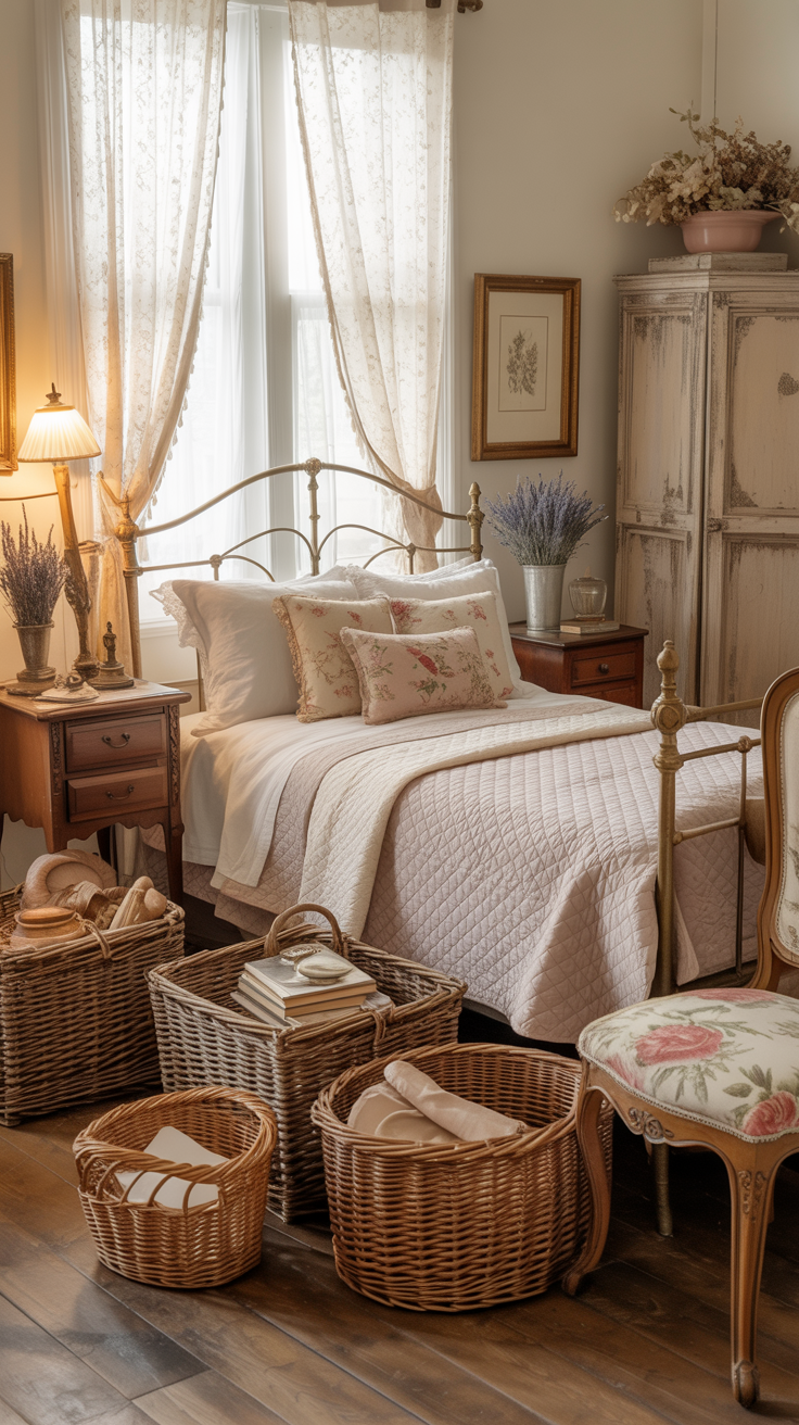 Victorian cottage bedroom with wicker baskets natural storage and antique furniture