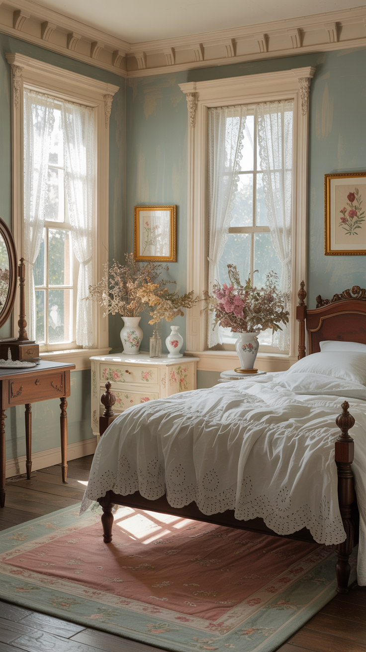 Victorian cottage bedroom with soft blue walls white trim antique furniture and vintage decor