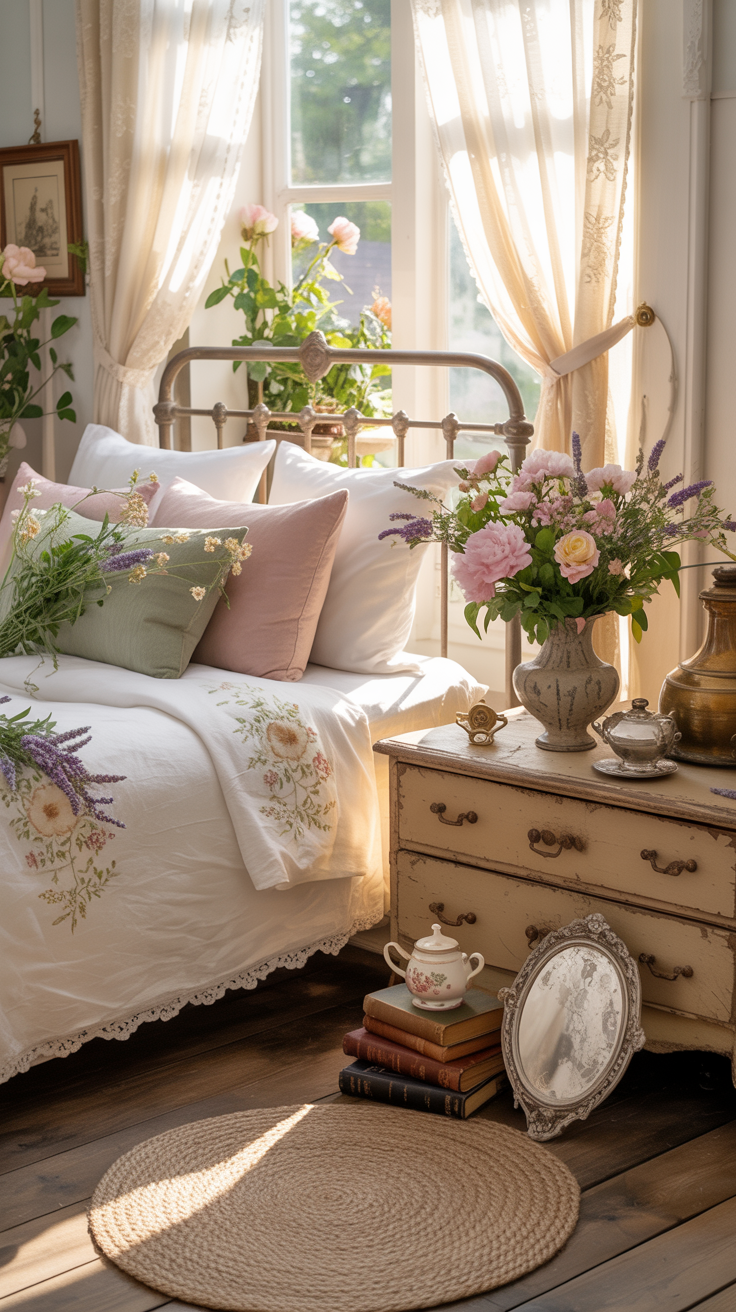 Victorian cottage bedroom decorated with fresh flowers vintage accessories and cozy natural textures