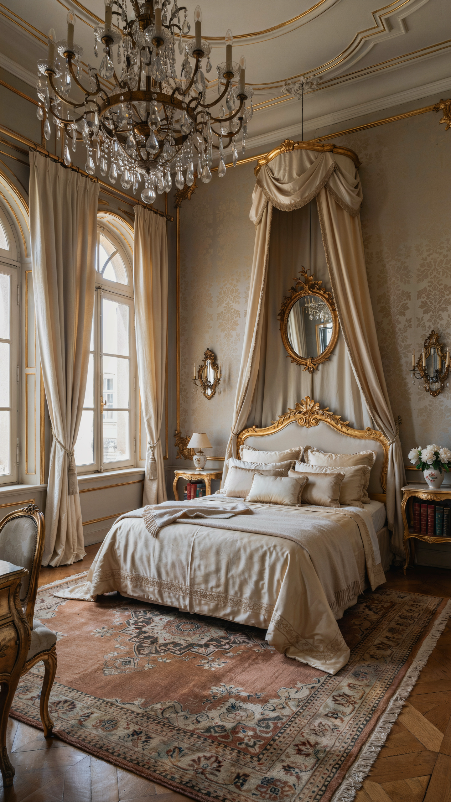 Baroque bedroom designed with ivory walls, ornate gold furniture, crystal chandelier, and luxurious bedding.