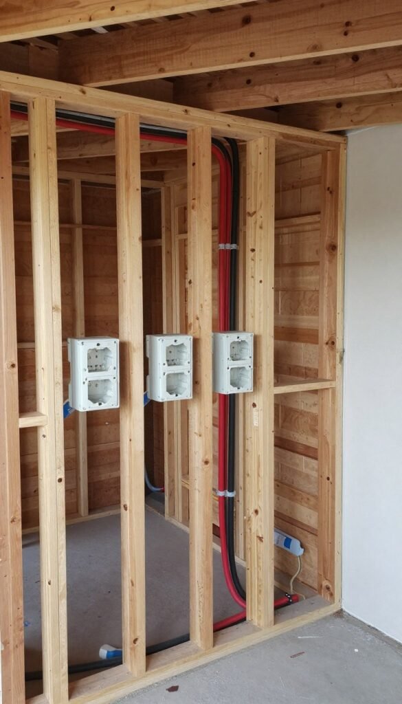 Electrical wiring and plumbing being installed inside a backyard shed conversion