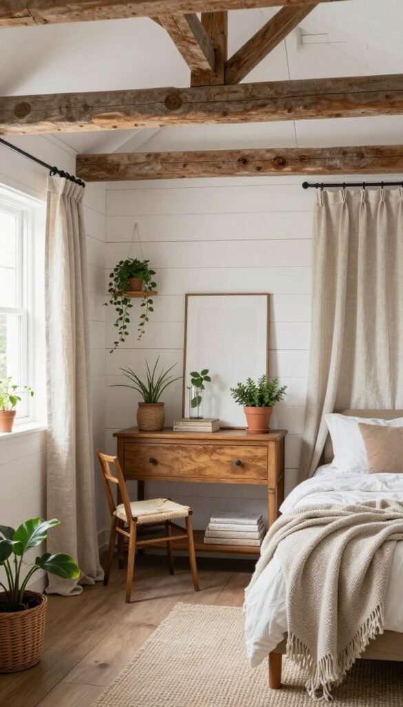 Backyard shed converted into a cosy tiny cottage with timber panelling, linen curtains, and vintage décor
