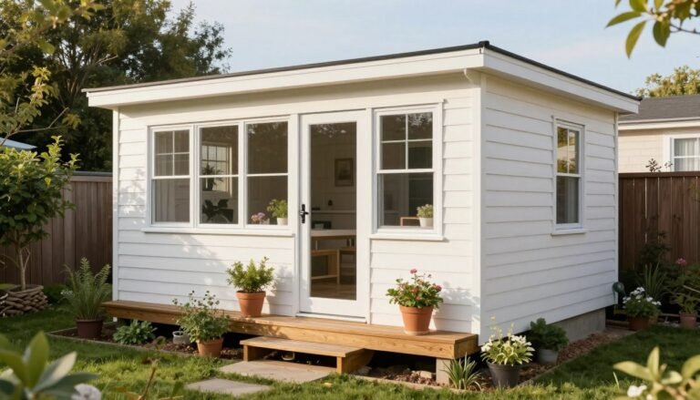 Beautiful converted backyard shed tiny home with outdoor seating area and cottage garden