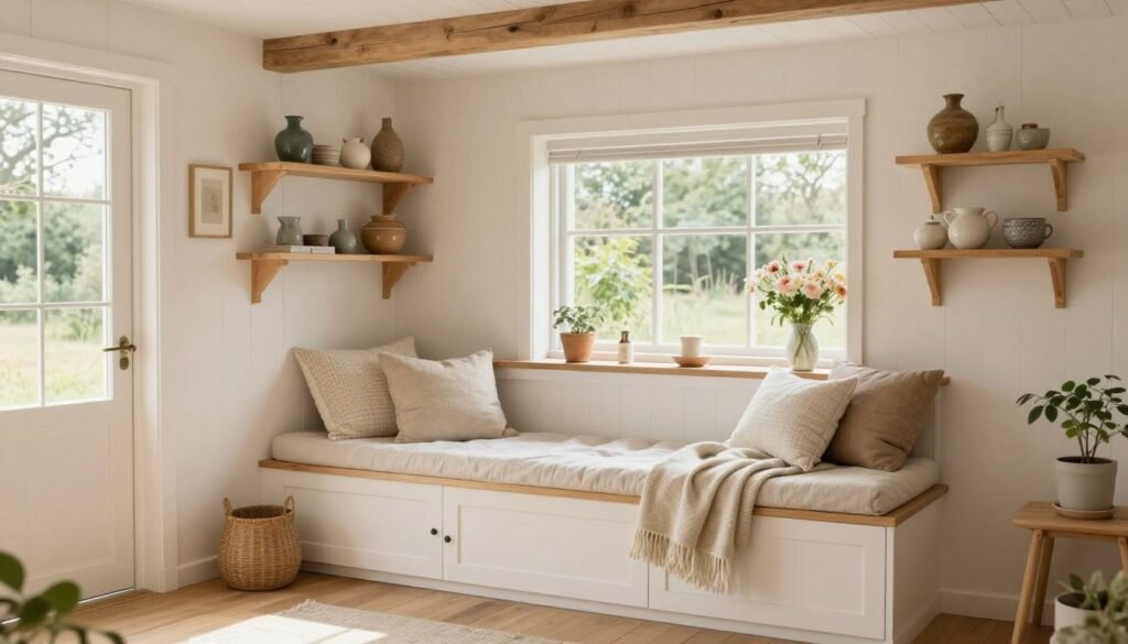 Beautiful tiny cottage interior with natural materials, soft colours, thoughtful storage, and timeless country style