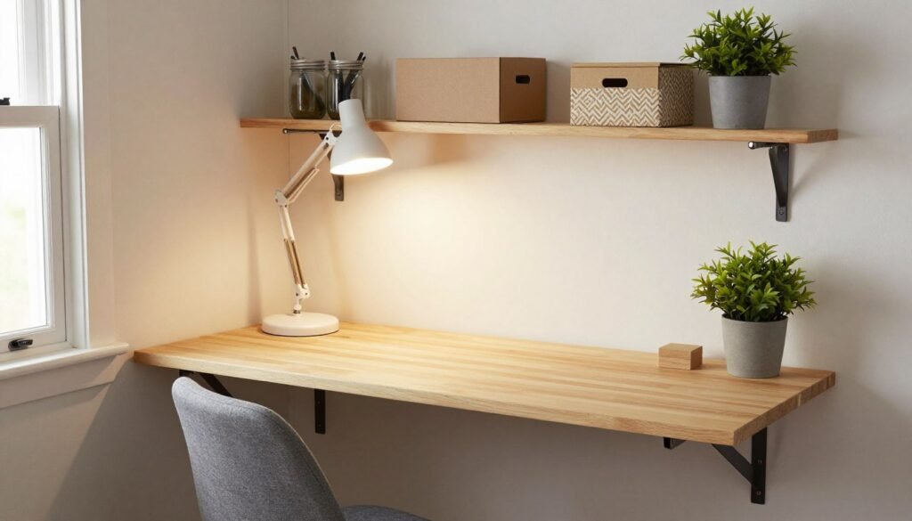 Budget-friendly tiny house workspace with a DIY floating desk, second-hand chair, repurposed storage, and affordable organization ideas