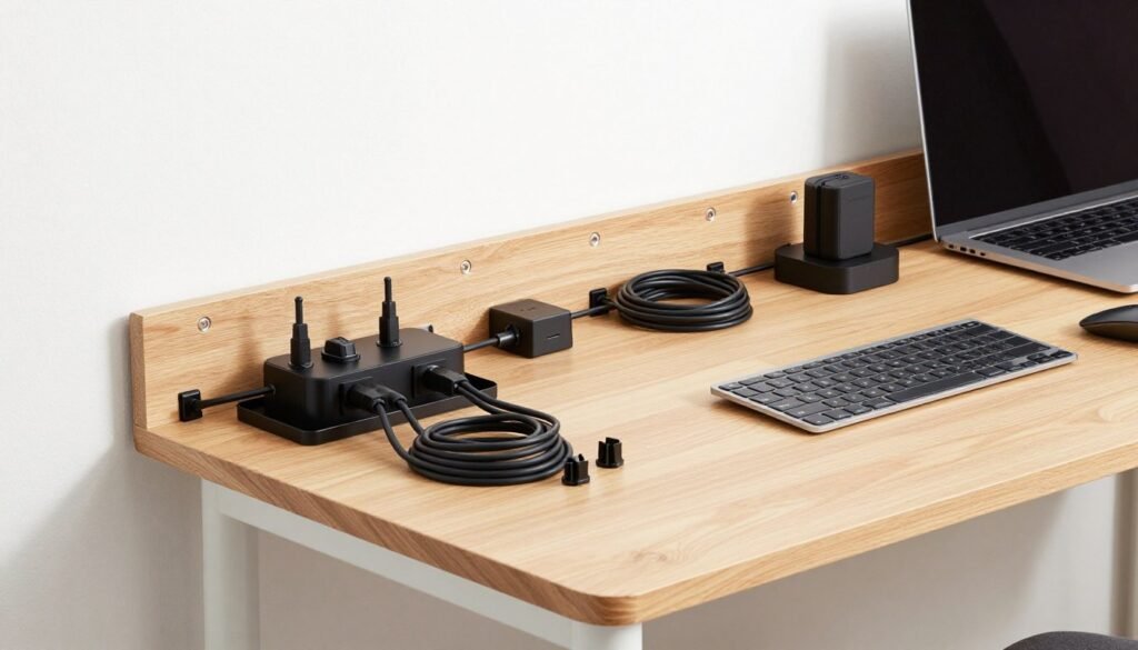 Clean tiny house workspace with hidden cable management, cord organizers, an under-desk tray, and wireless accessories