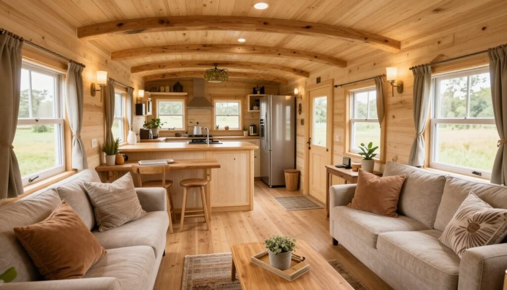 Beautiful tiny house cottage interior featuring natural materials, vintage furniture, layered textiles, and timeless country style