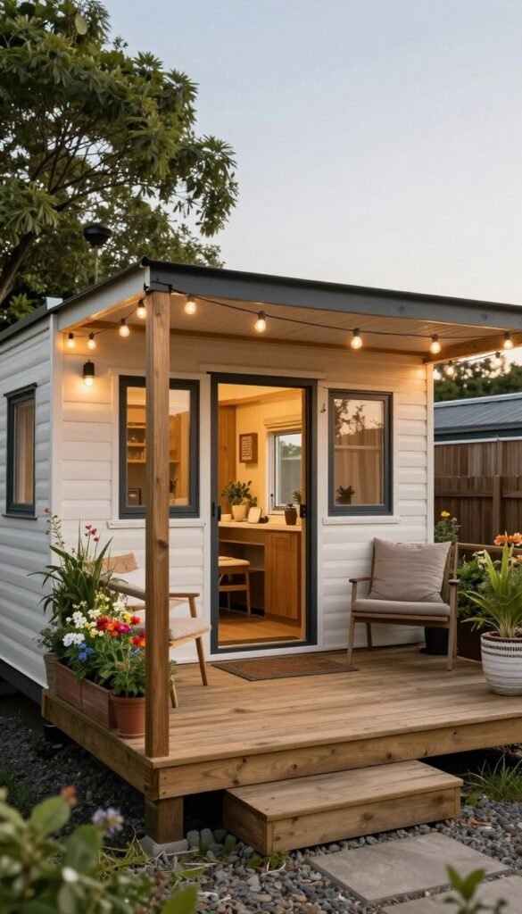 Converted shed tiny home with a wooden deck, outdoor seating, potted plants, and string lights