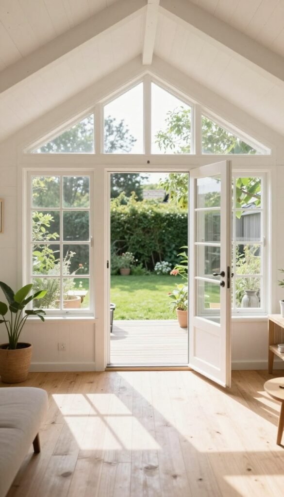 Converted shed tiny home filled with natural light from large windows and glazed doors