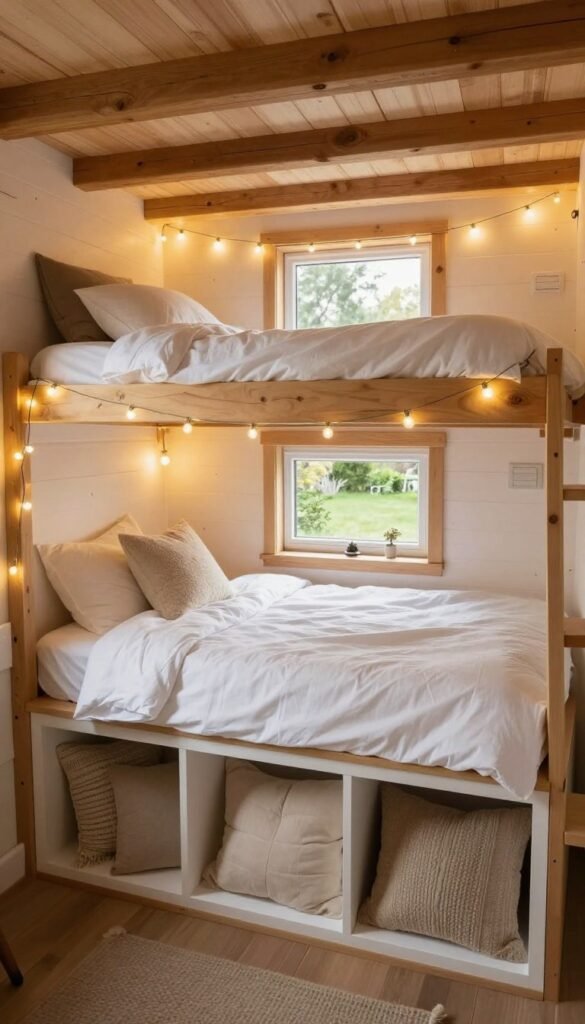 Cosy sleeping loft inside a converted shed with exposed timber and soft layered bedding