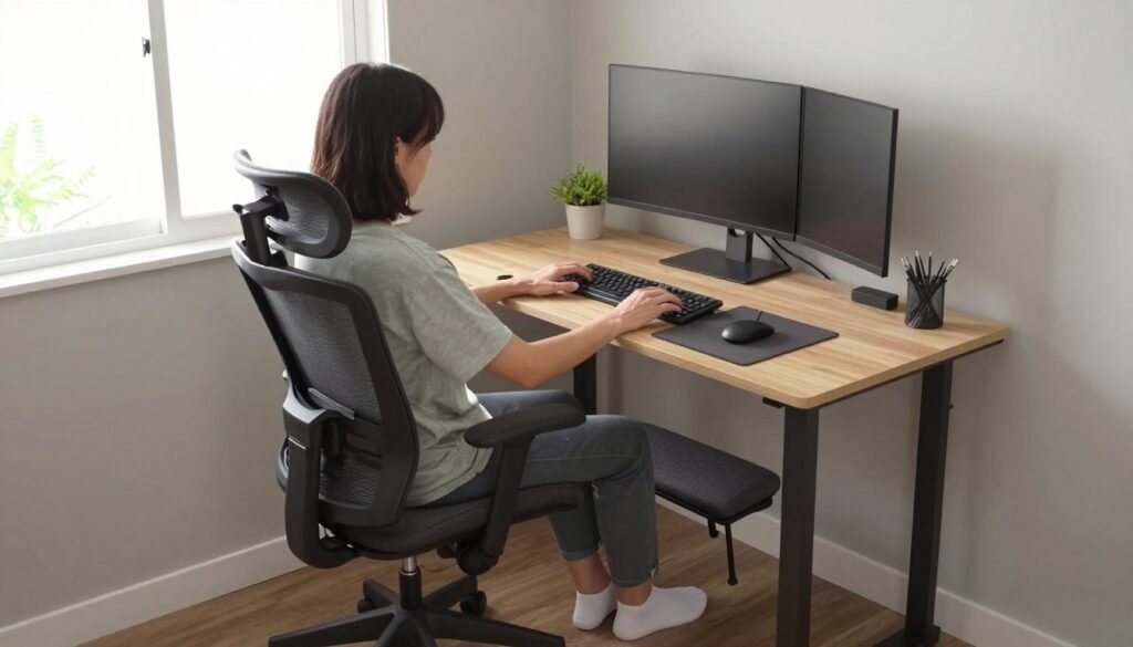 Ergonomic tiny house workspace with a supportive chair, suitable desk height, and monitor positioned at eye level