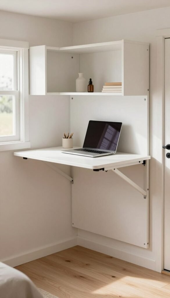 Fold-down wall-mounted desk inside a tiny house with hidden storage compartments and minimalist cottage decor