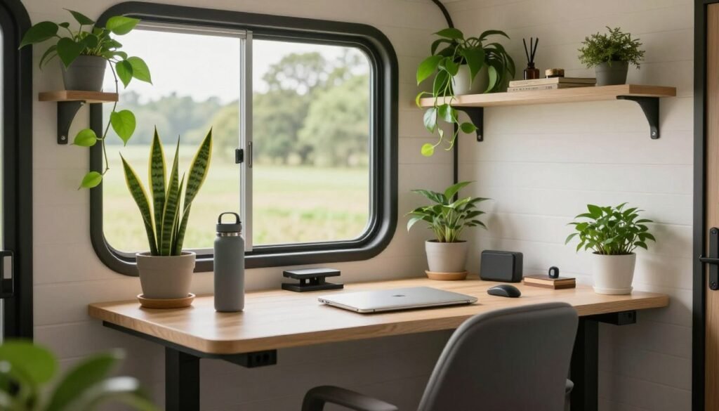 Comfortable tiny house workspace with natural light, a supportive setup, greenery, and water nearby
