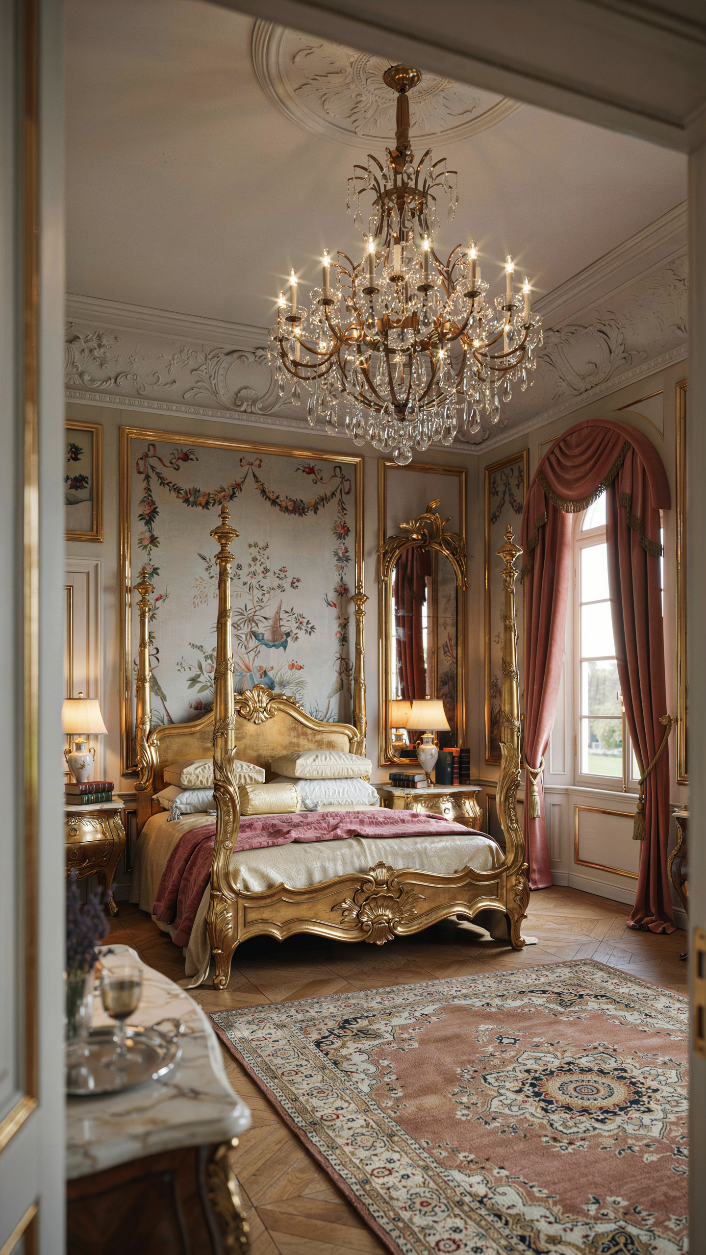 Baroque bedroom with ivory walls, ornate gold furniture, crystal chandelier, and luxurious palace-inspired bedding.
