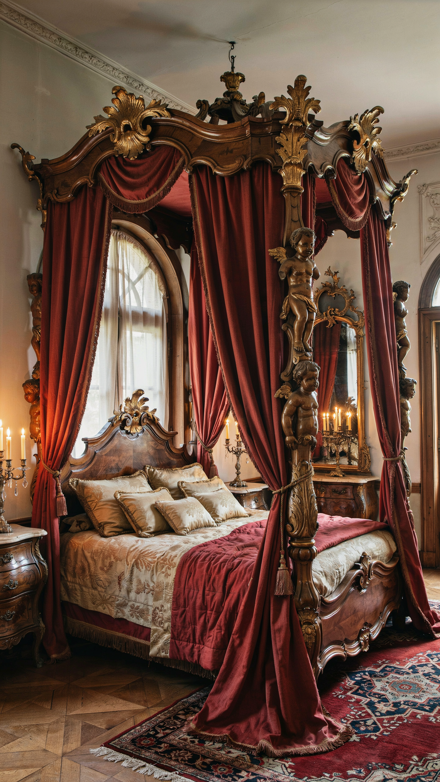Luxurious Baroque four poster bed with carved details, flowing drapes, and elegant royal bedding.