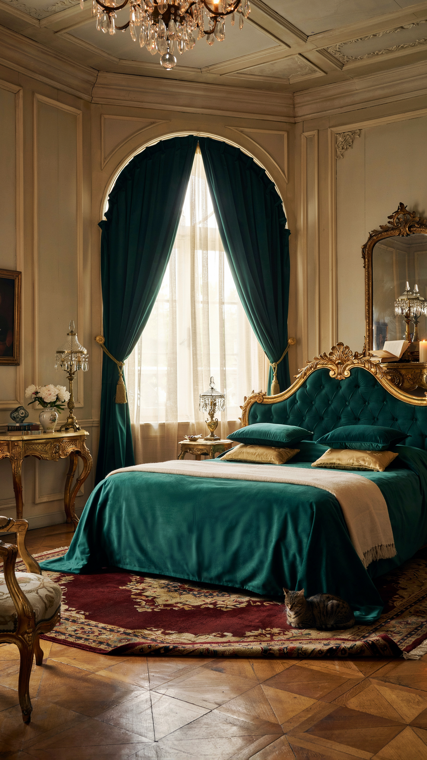 Baroque bedroom with emerald velvet bedding, antique gold furniture, and elegant European styling.