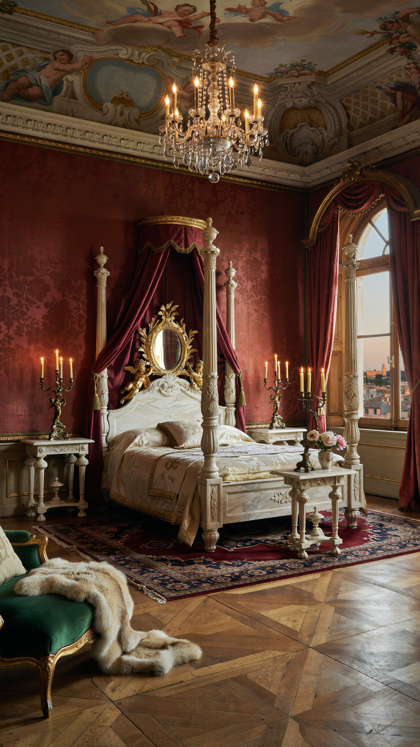 Royal Baroque bedroom with marble furniture, antique gold accents, and luxurious European décor.