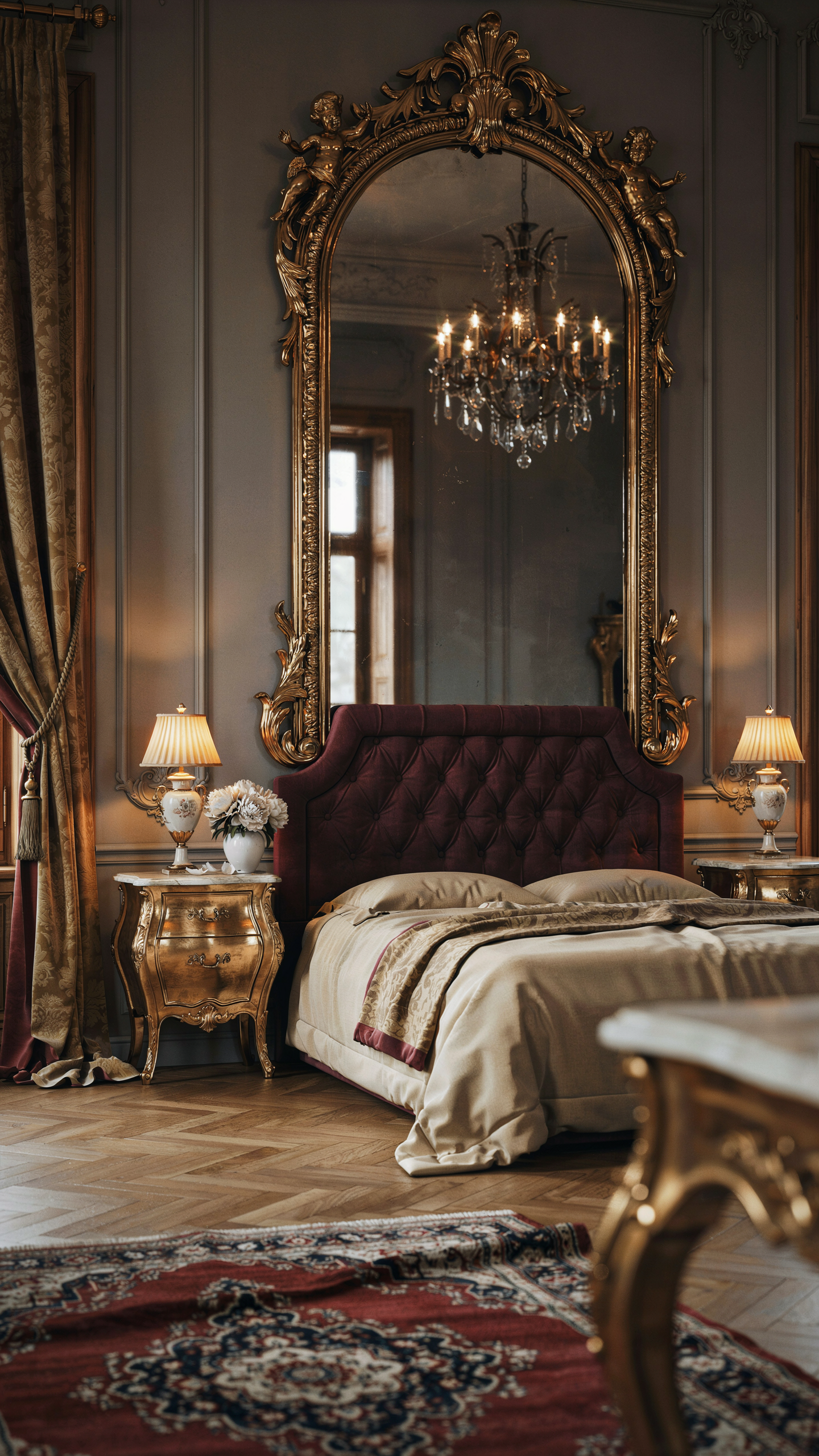 Baroque bedroom featuring an oversized ornate gold mirror reflecting crystal lighting and elegant furnishings.