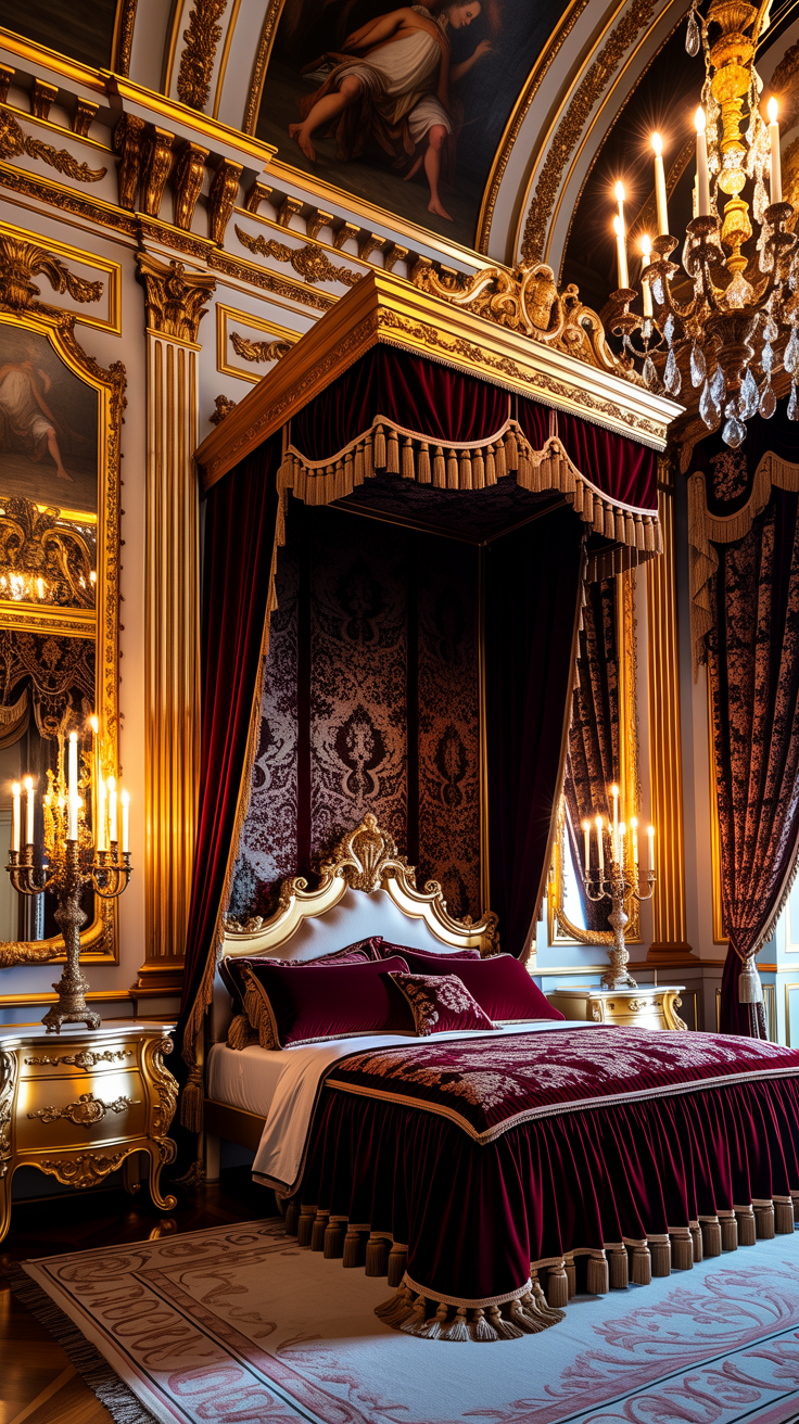 Royal Baroque bedroom with rich burgundy velvet bedding, ornate gold furniture, and luxurious European décor.