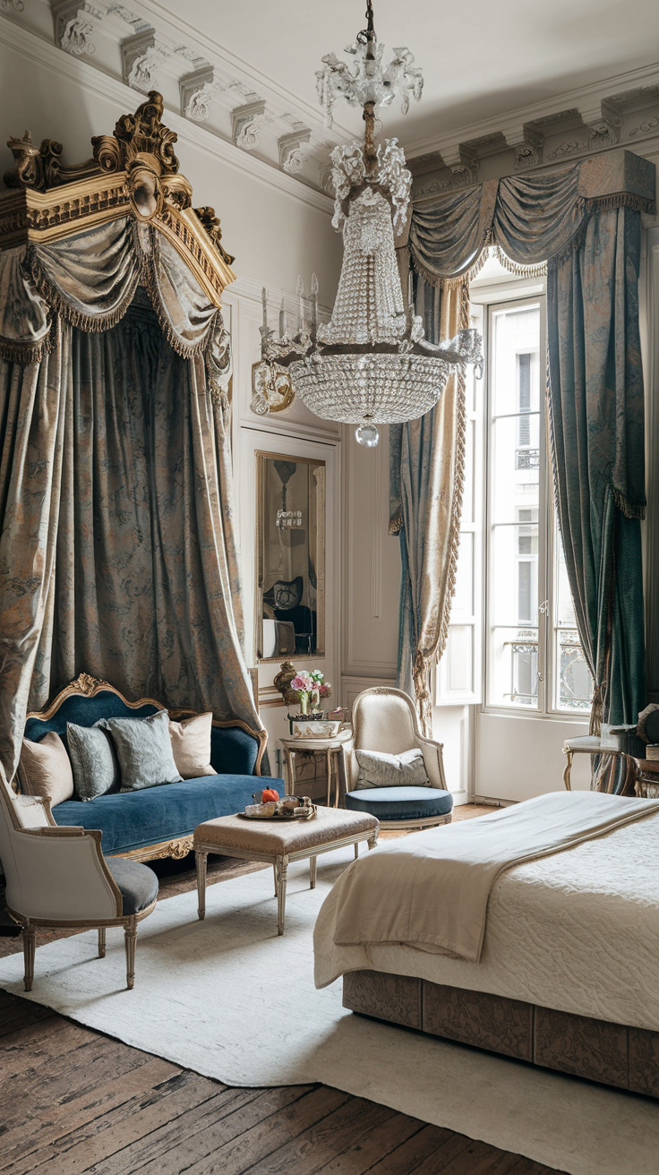 Baroque bedroom with elegant upholstered seating area, crystal lighting, and ornate European décor.