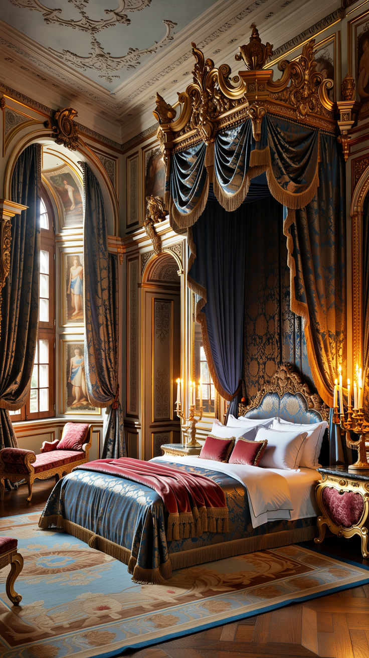 Royal Baroque bedroom layered with silk bedding, velvet cushions, brocade fabrics, and ornate furniture.