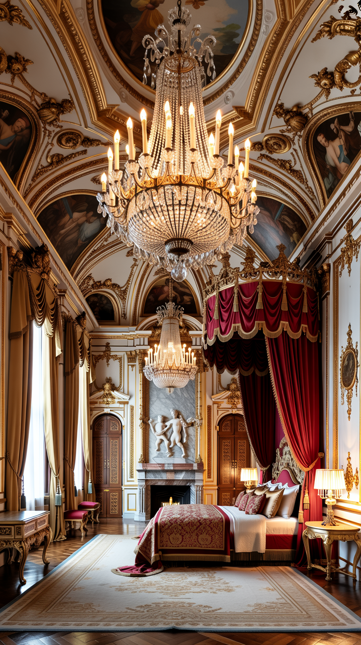 Grand Baroque bedroom inspired by a royal suite with crystal chandeliers, carved furniture, and luxurious European styling.