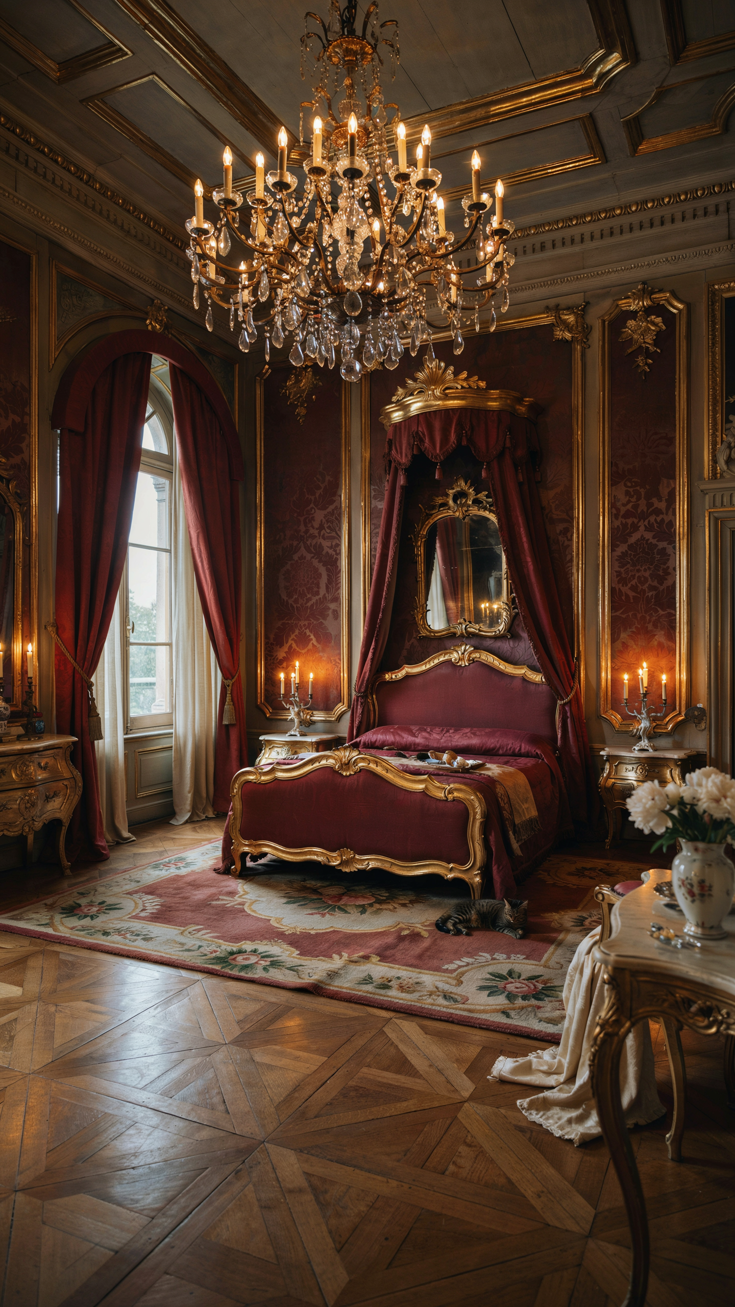 Royal Baroque bedroom featuring a grand crystal chandelier above an ornate carved bed.
