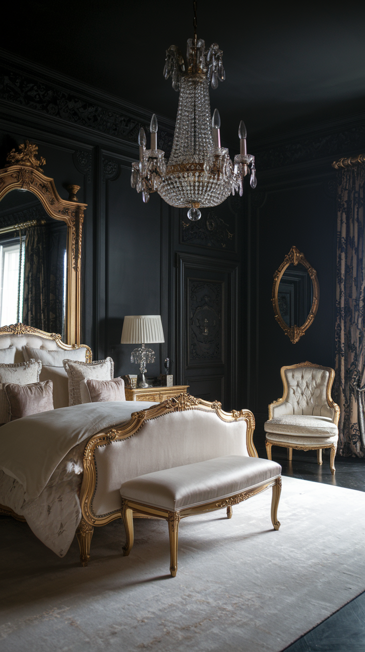 Dark Baroque bedroom with black walls, antique gold furniture, crystal chandelier, and luxurious bedding.