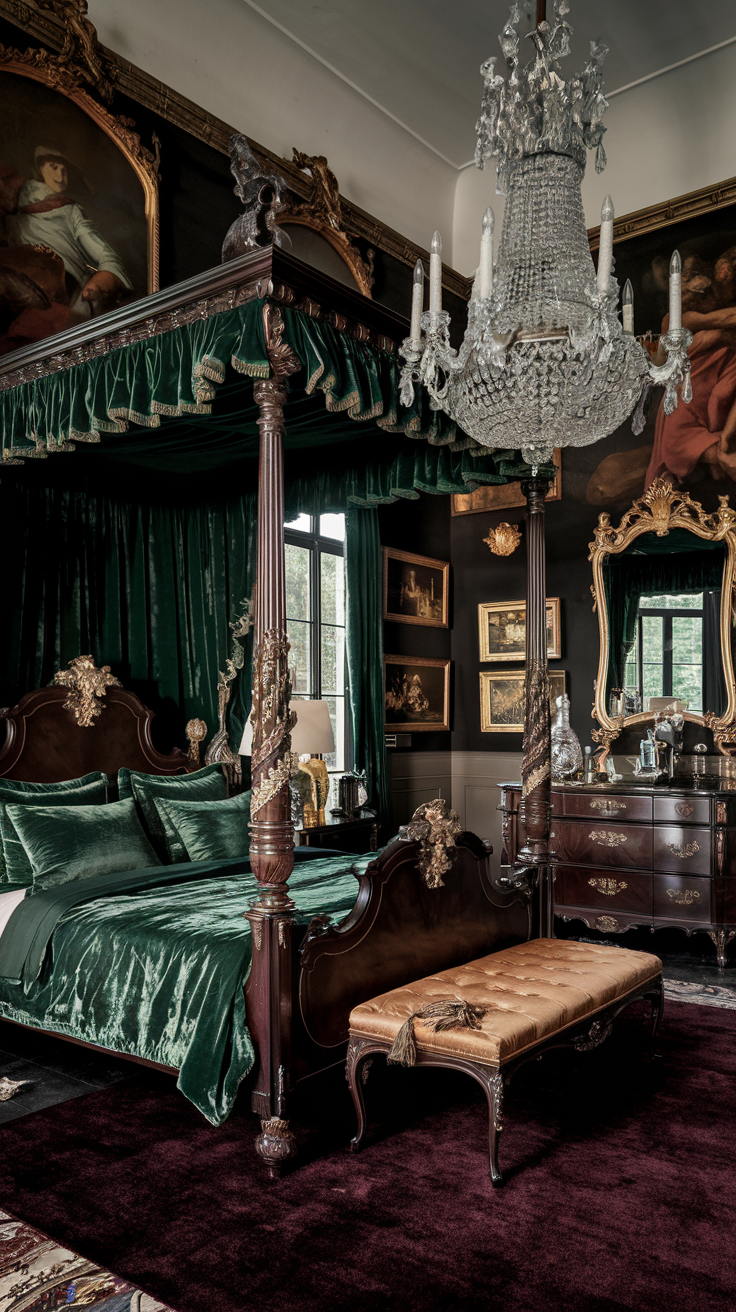 Dark Baroque bedroom featuring emerald velvet bedding, crystal chandelier, and antique European furniture.