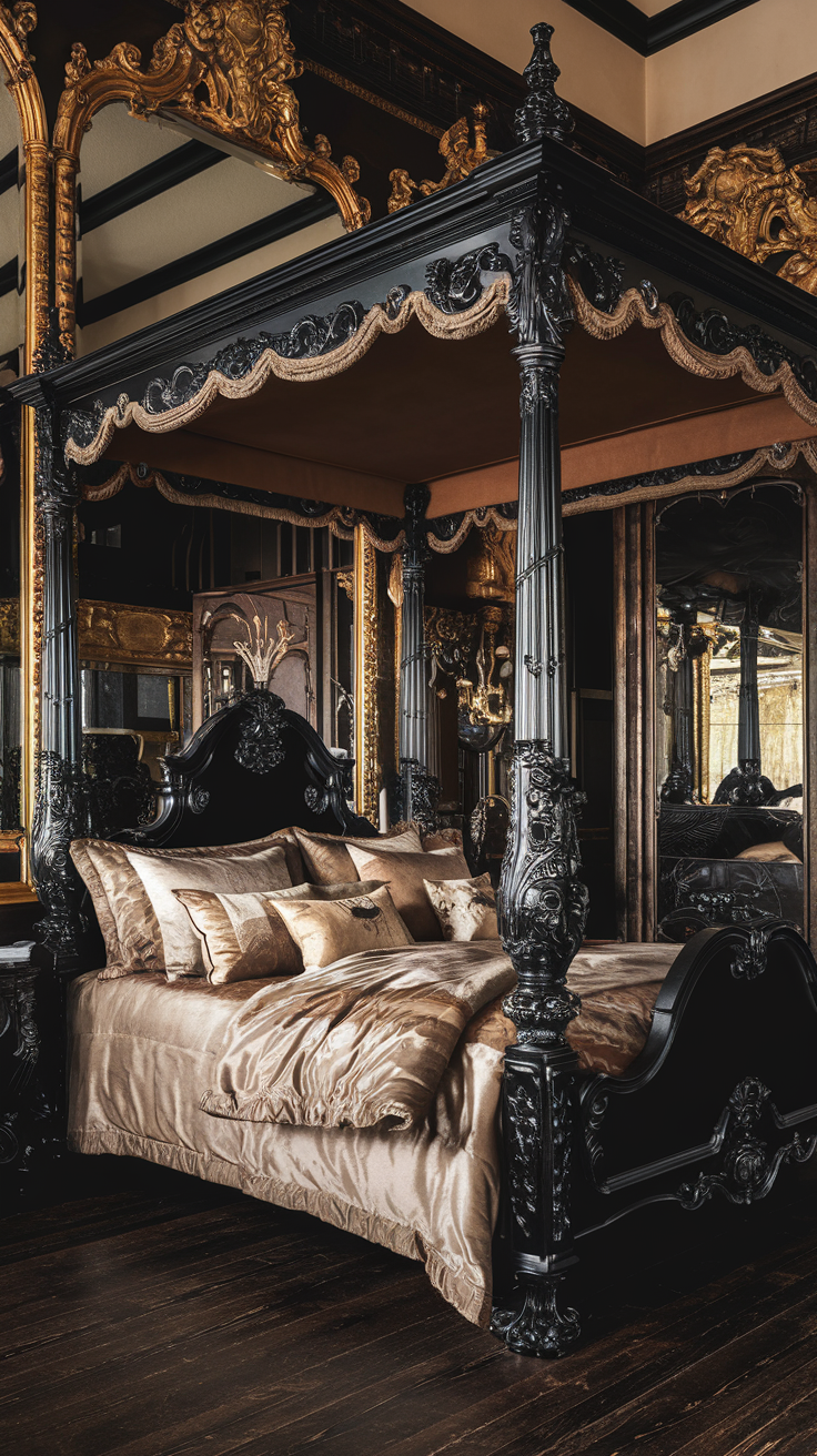 Dark Baroque bedroom with ornate black four poster bed, flowing drapes, and luxurious bedding.
